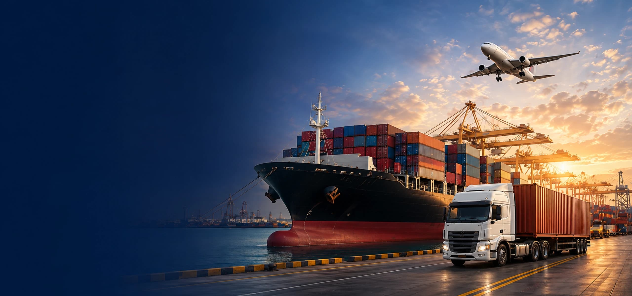 Container ship, cargo aircraft, and freight truck at a modern international port