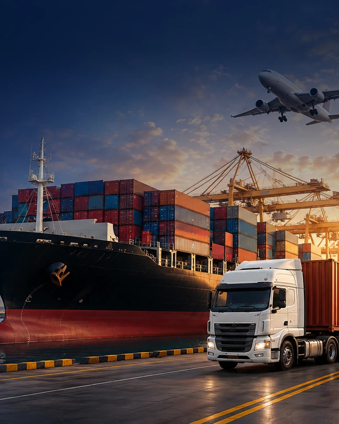 International cargo ship and aircraft at a sunset freight terminal