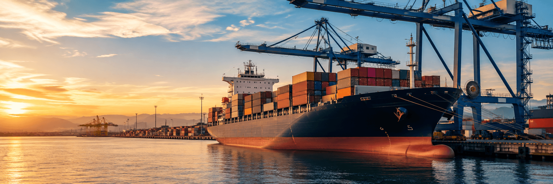 Container ship at a freight terminal during sunset
