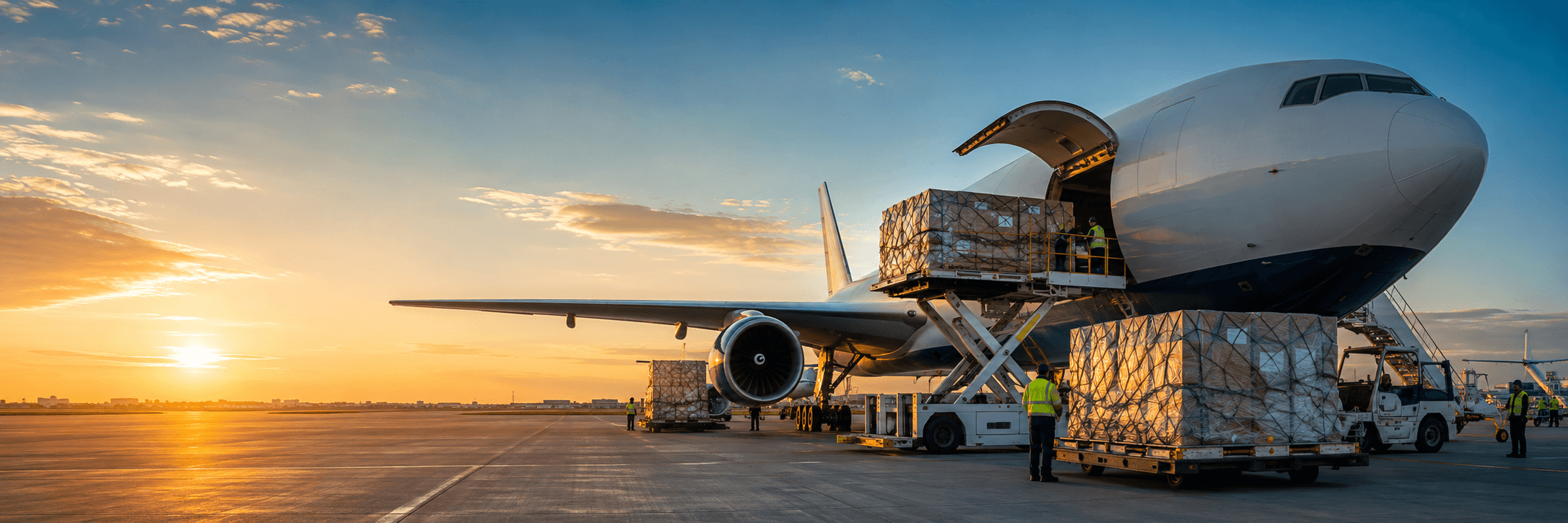 Cargo being loaded onto a freight aircraft at sunset